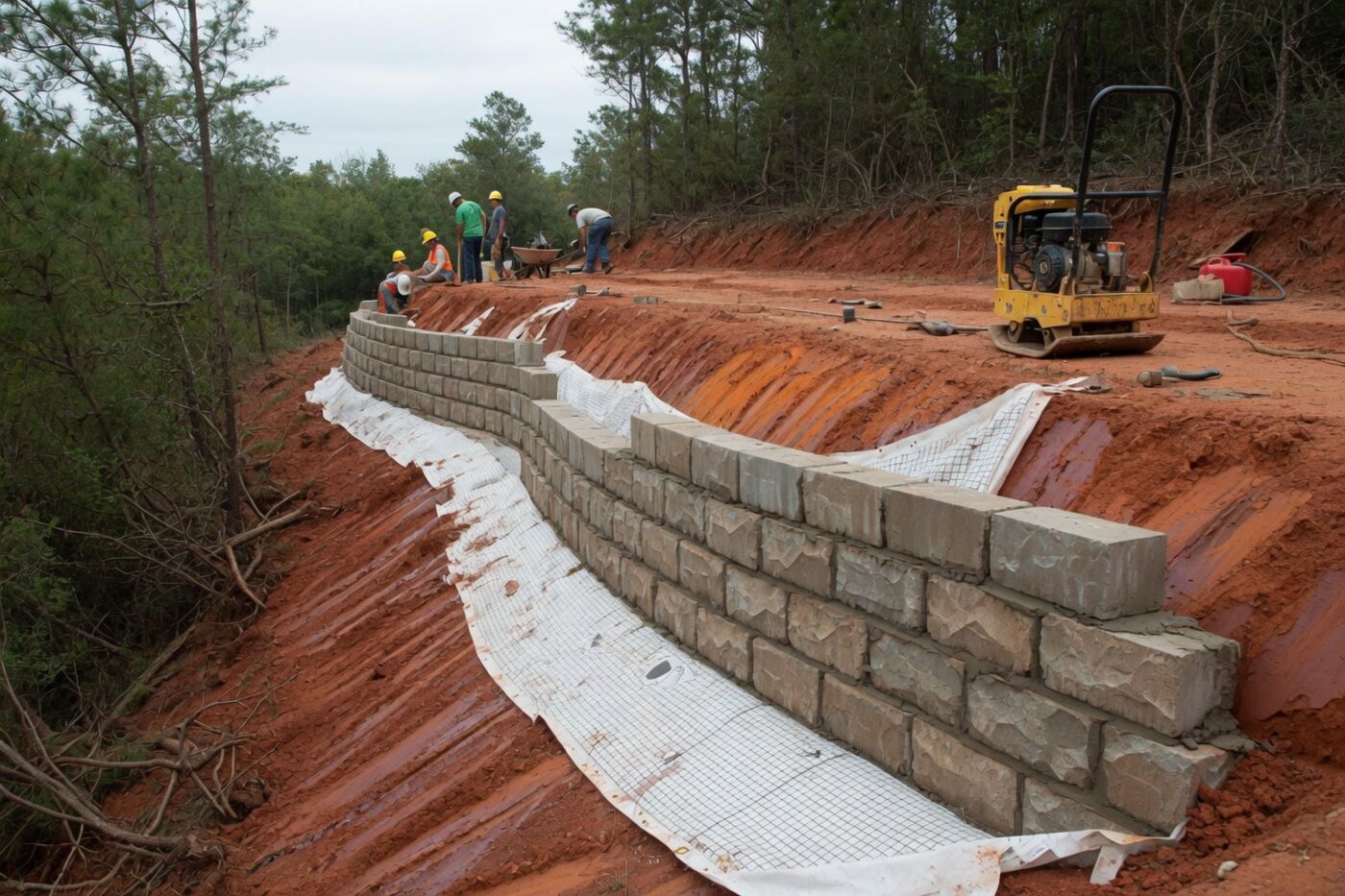 Stand-in photograph. A segmental wall under construction, with geogrid and a crew.