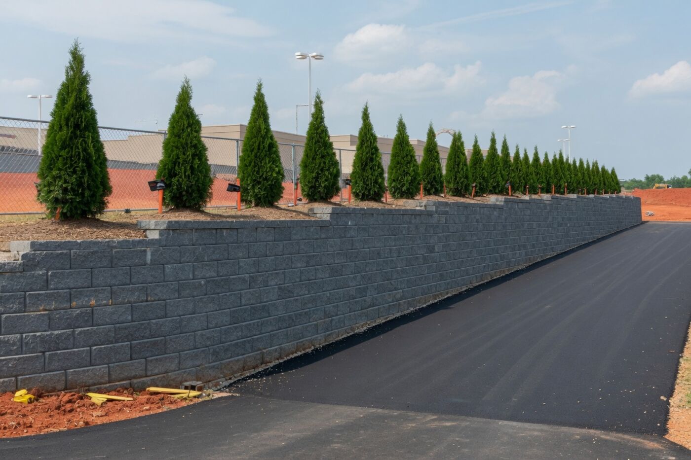 Stand-in photograph. A gray segmental wall beside new pavement.