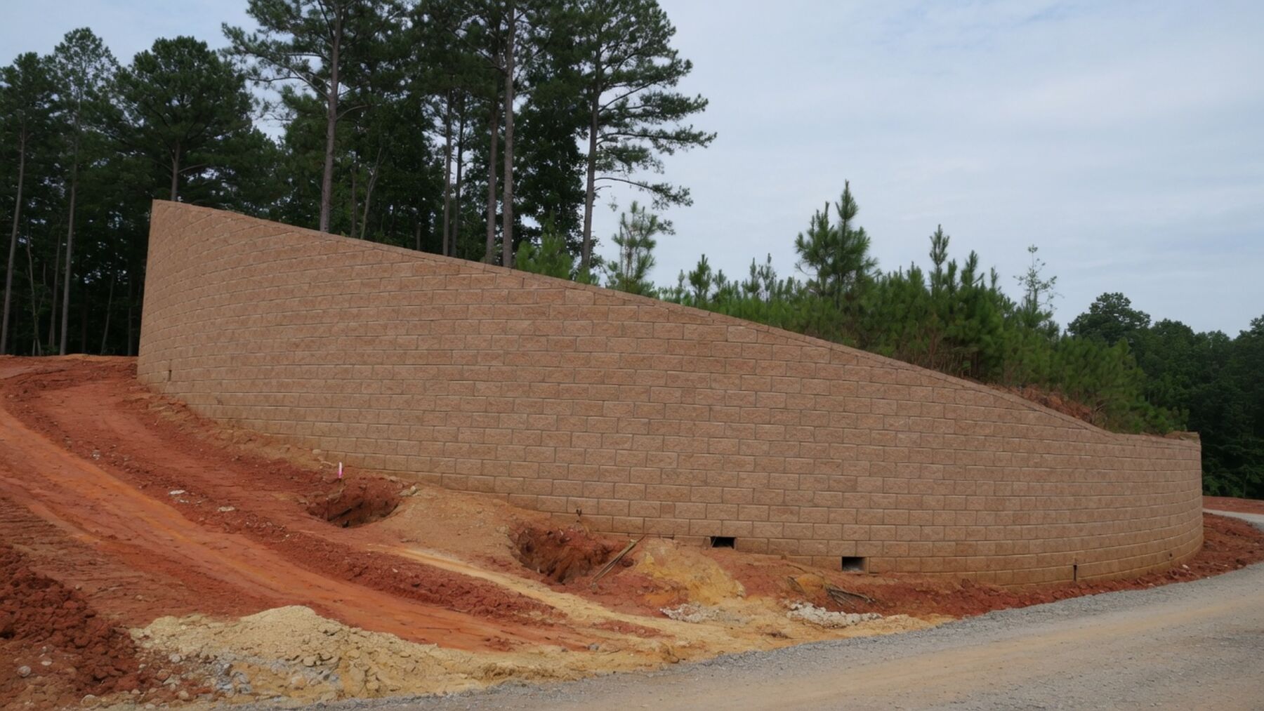 Stand-in photograph. A tall curved tan segmental wall on a red-clay site, with pines behind it.