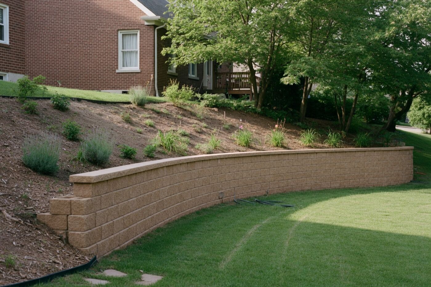 Stand-in photograph. A curved tan segmental wall in a residential yard.