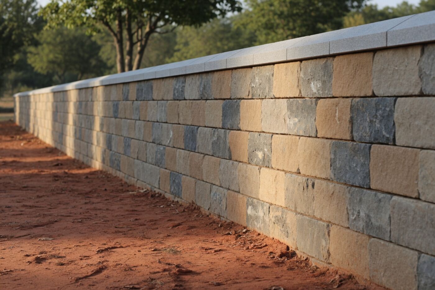 Stand-in photograph. A long stone-face segmental wall.