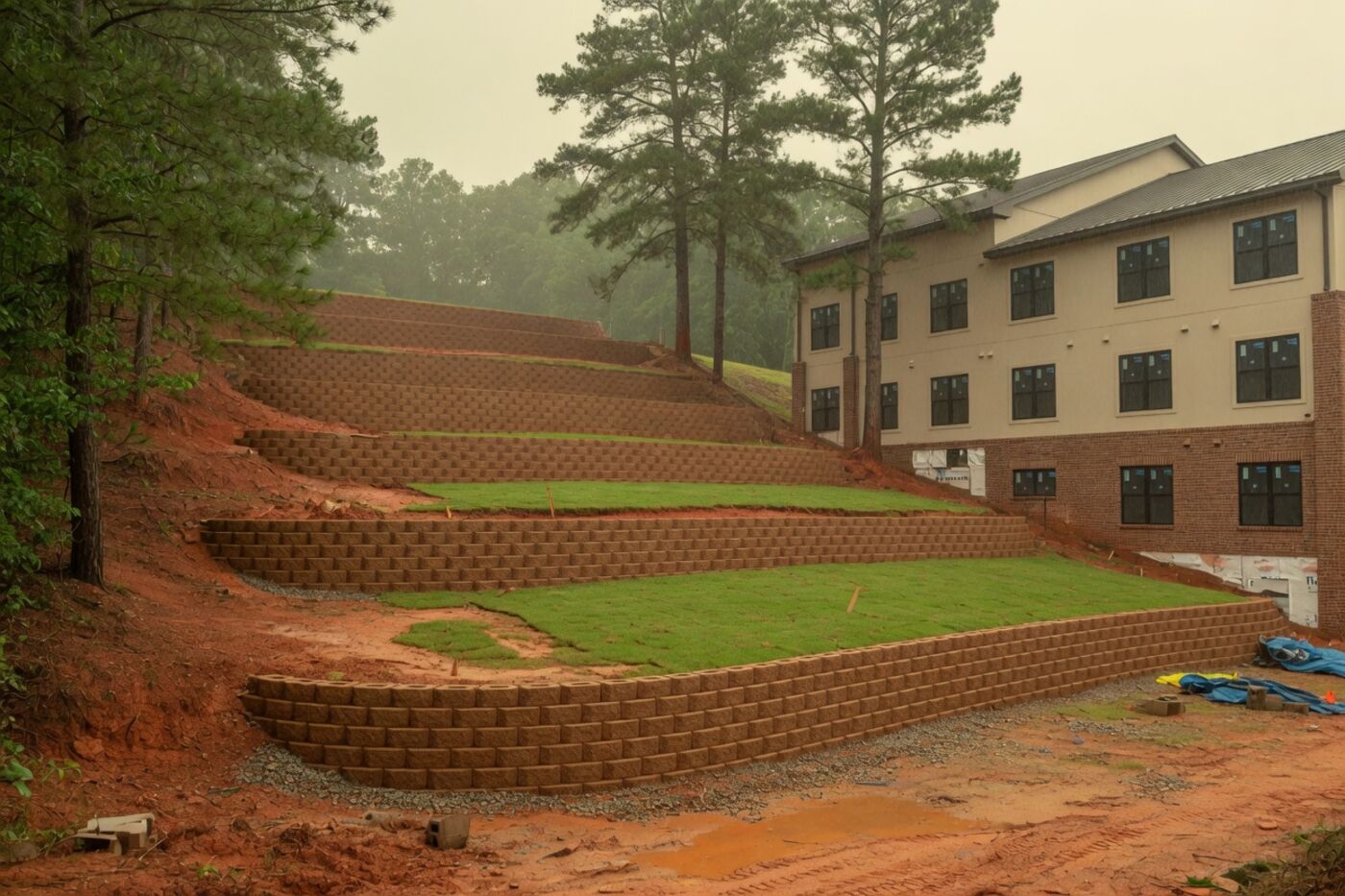 Stand-in photograph. Terraced segmental walls beside a multi-story building.